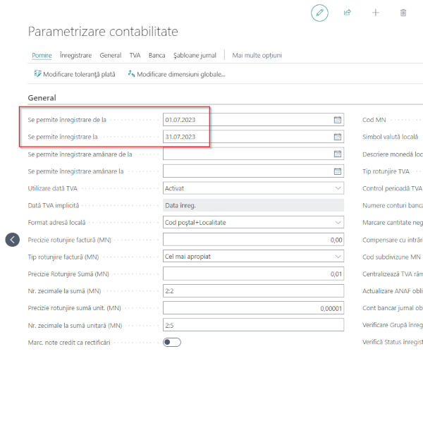 Definire perioadă înregistrare contabilitate în Business Central