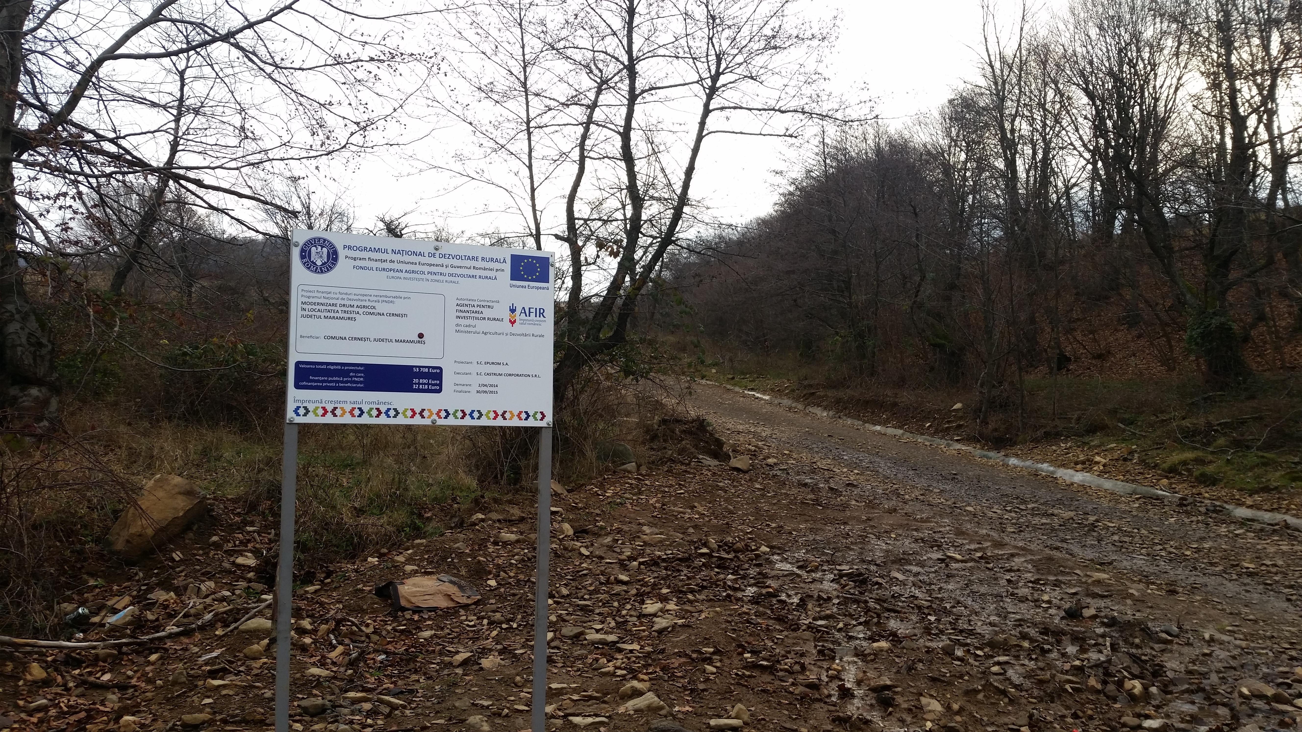 MODERNIZARE DRUM AGRICOL ÎN LOCALITATEA TRESTIA – proiect finanȚat din fonduri europene prin programul PNDR măsura 125 în valoare de 237 870 RON ; proiect finalizat la 31.12.2015.