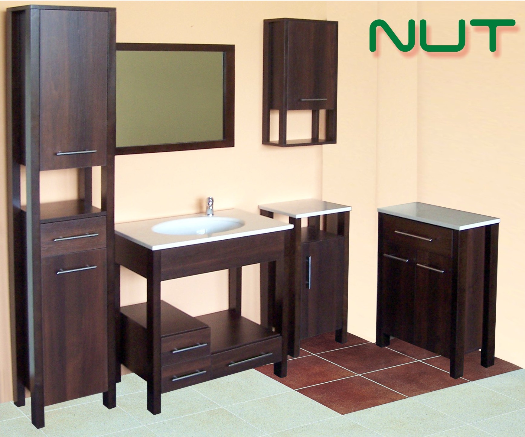 Set mobilier baie 6 corpuri cu blaturi marmura, culoare nuc