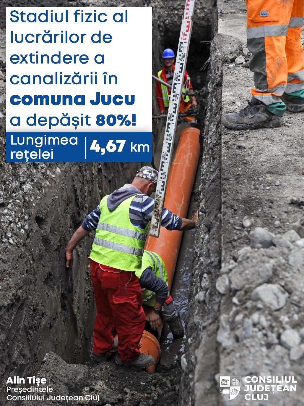 Stadiul fizic al lucrărilor de extindere a canalizării în comuna Jucu a trecut de 80%