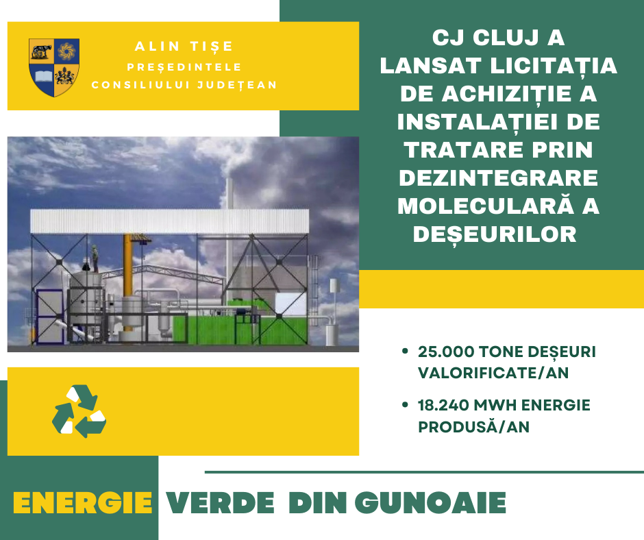 CJ Cluj a lansat licitația privind achiziția instalației de tratare prin dezintegrare moleculară a deșeurilor municipale din județul Cluj