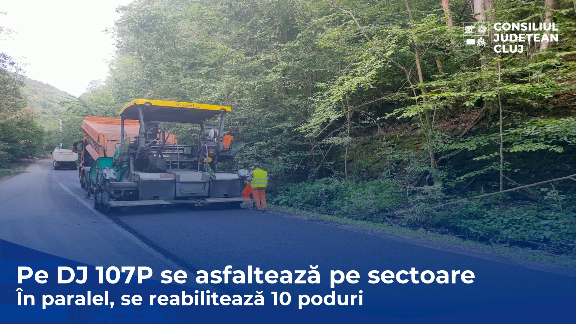 Modernizarea drumului județean 107P continuă cu lucrări de asfaltare pe sectoare