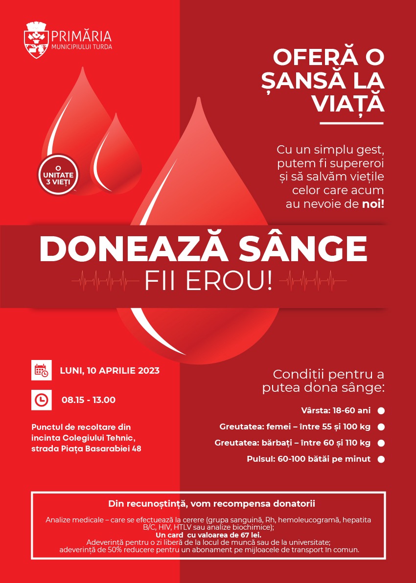 În 10 aprilie va avea loc o nouă campanie de donare de sânge la Turda, organizată de Primăria Municipiului Turda