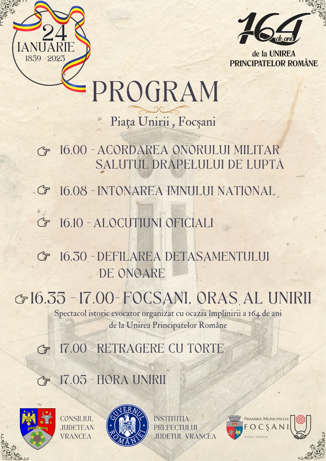 Programul manifestărilor dedicate celebrării a 164 de ani de  la Unirea Principatelor Române