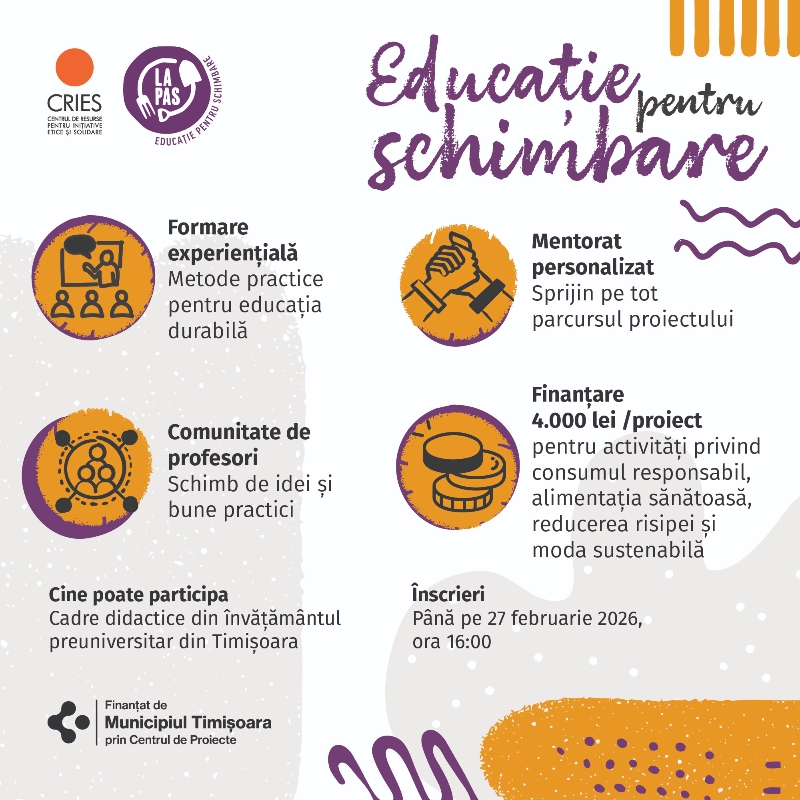 Start la înscrieri în Programul „LA PAS - Educație pentru schimbare”, ediția 2026