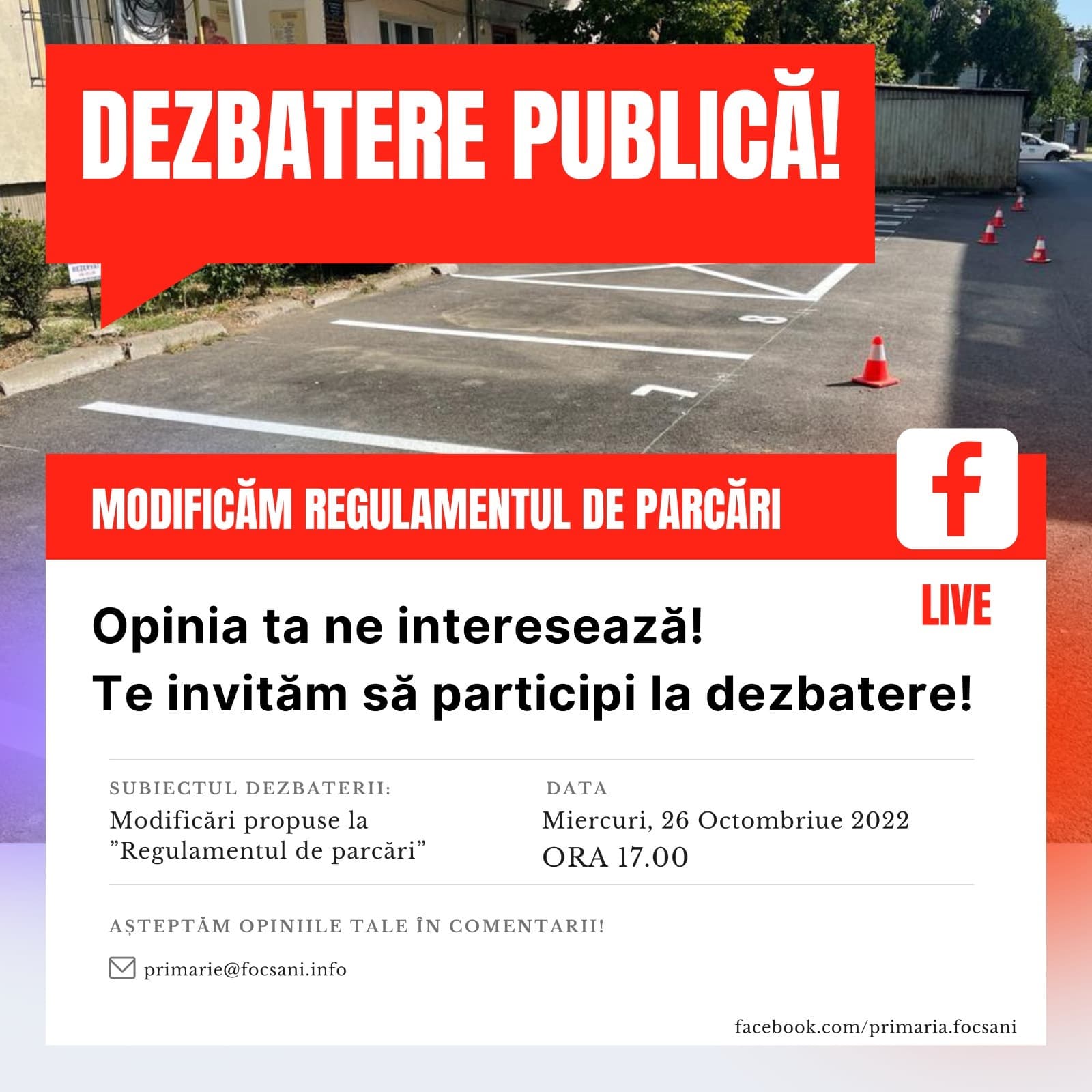 Primăria Municipiului Focșani îi invită pe cetățeni să participe la o dezbatere publică
