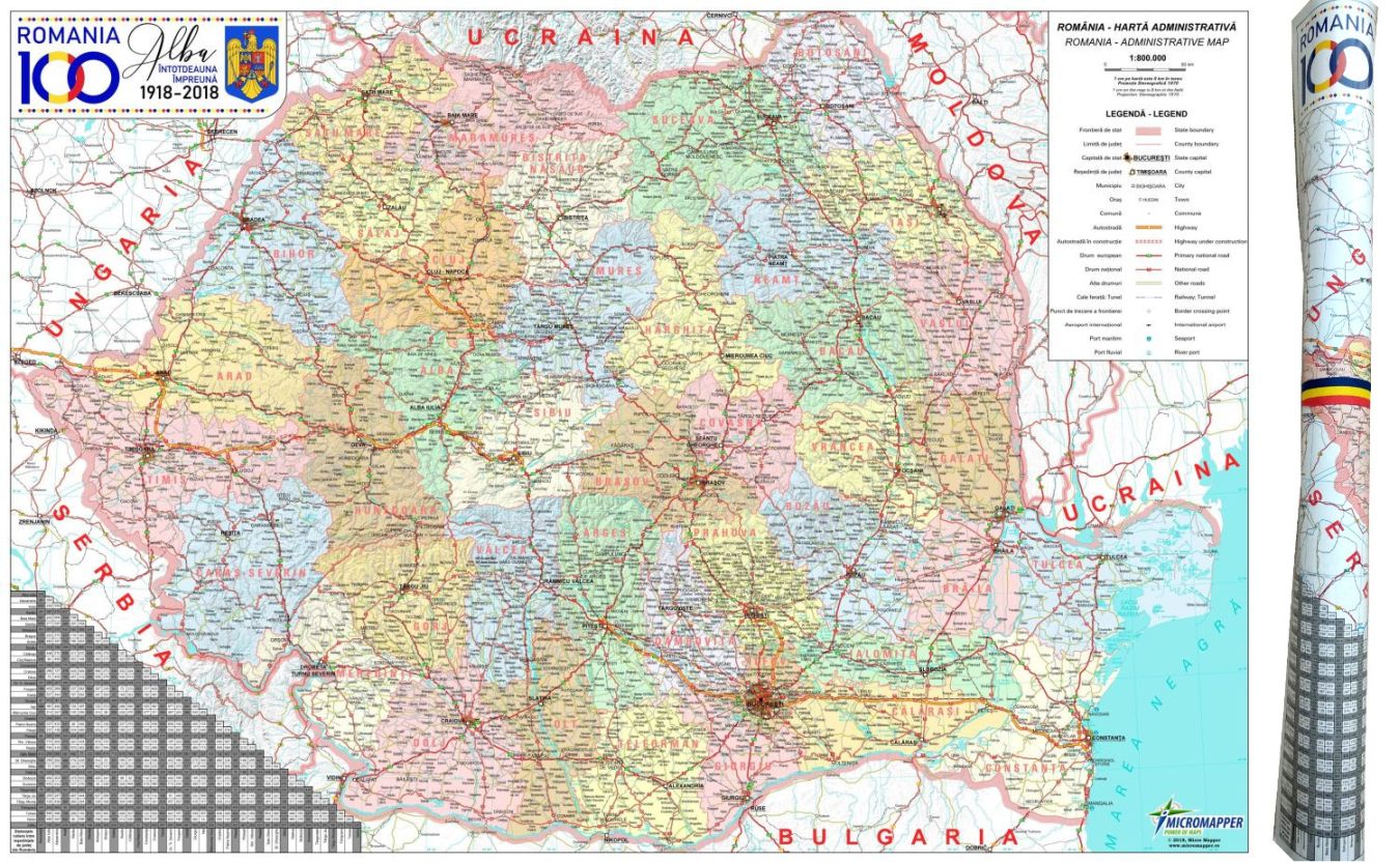 CADOU pentru serbarea România 100 de ani - Harta administrativă a României - ediție specială!