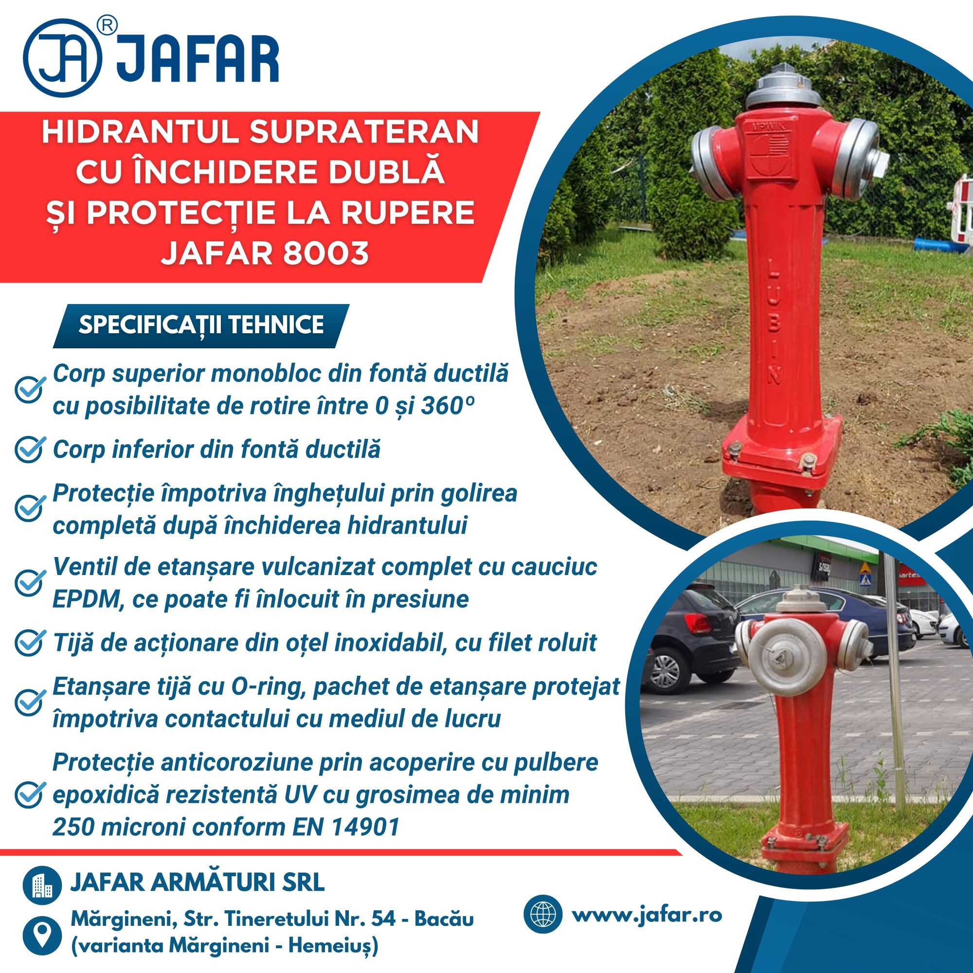 Hidrantul suprateran cu închidere dublă și protecție la rupere JAFAR 8003