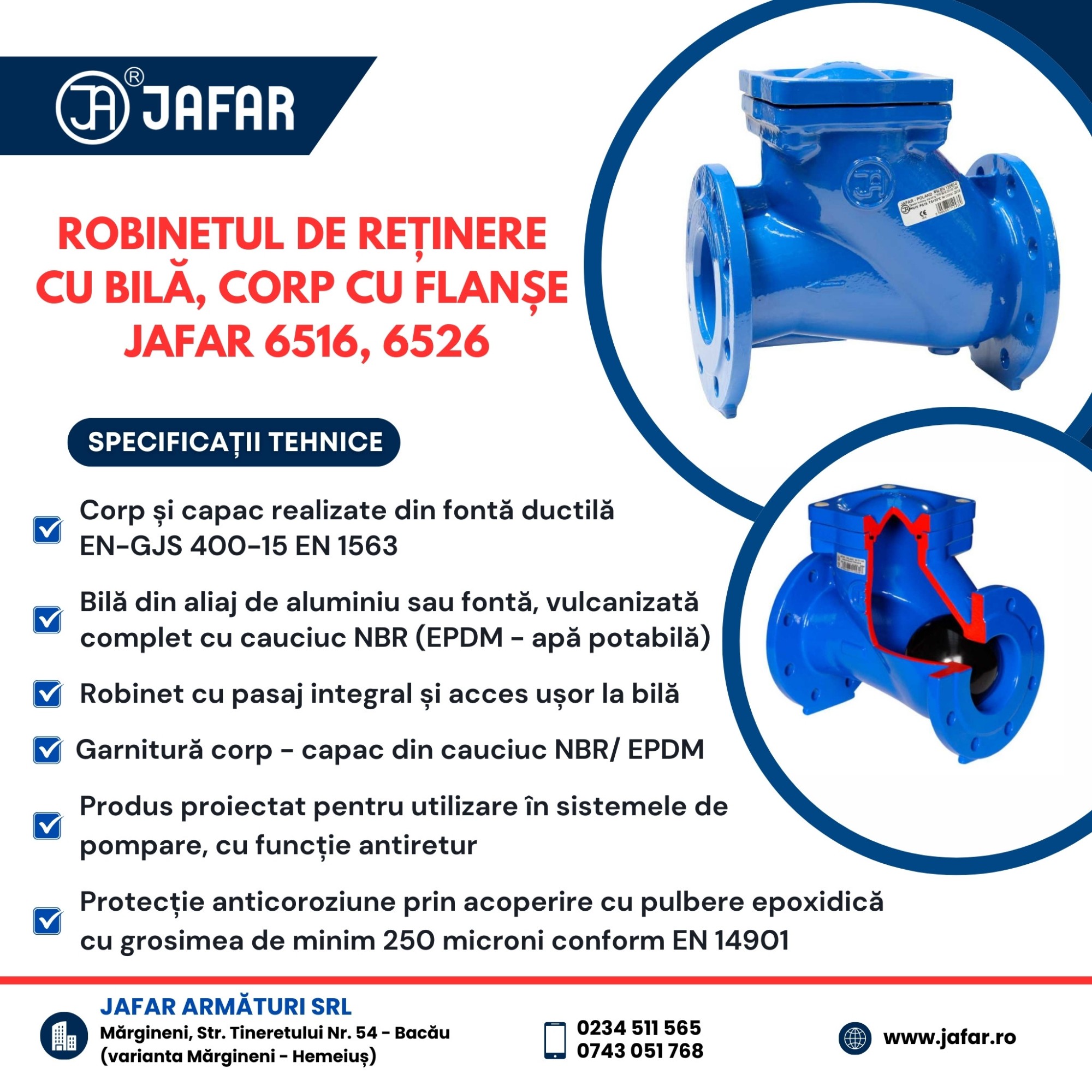 Robinet de reținere cu bilă, corp cu flanșe JAFAR 6516, 6526