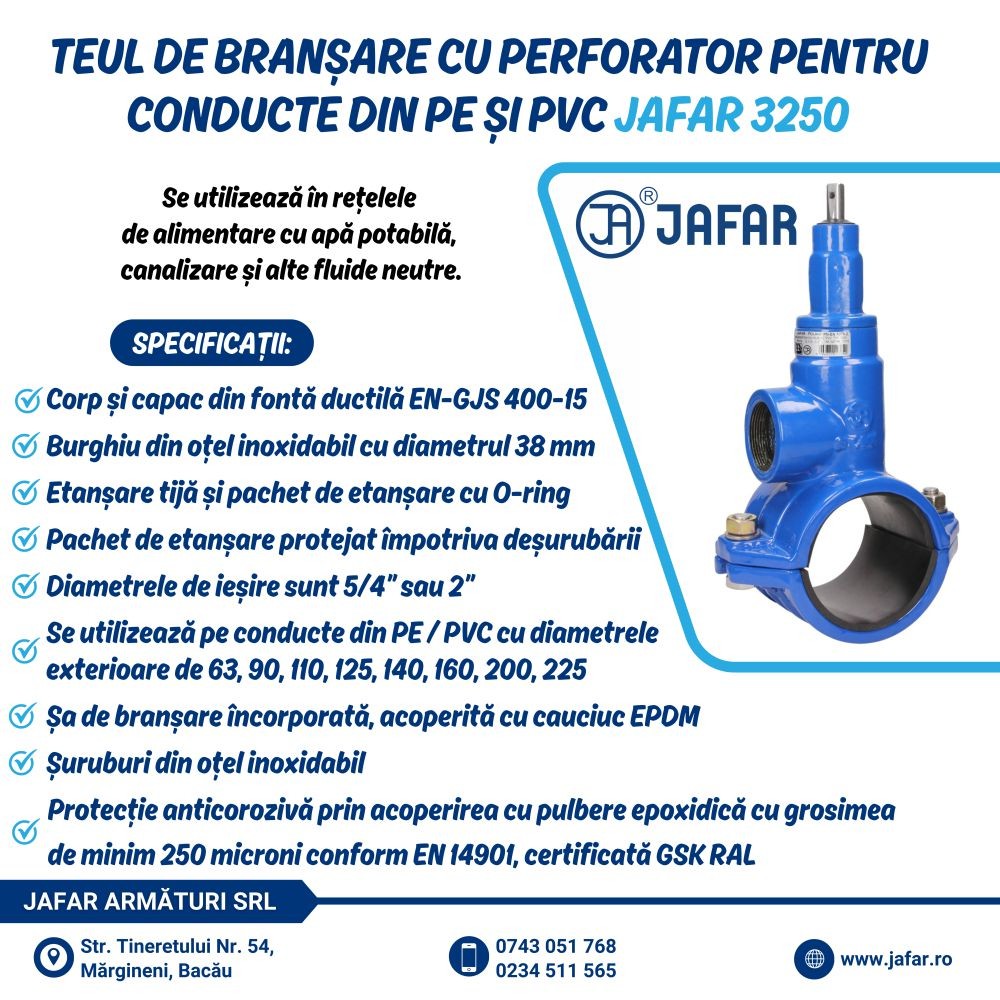 Teu de branșare cu perforator pentru conducte din PE și PVC JAFAR 3250