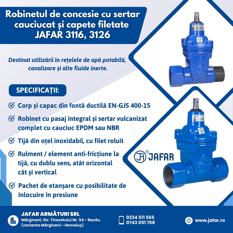 Robinetul de concesie cu sertar cauciucat și capete filetate JAFAR 3116, 3126
