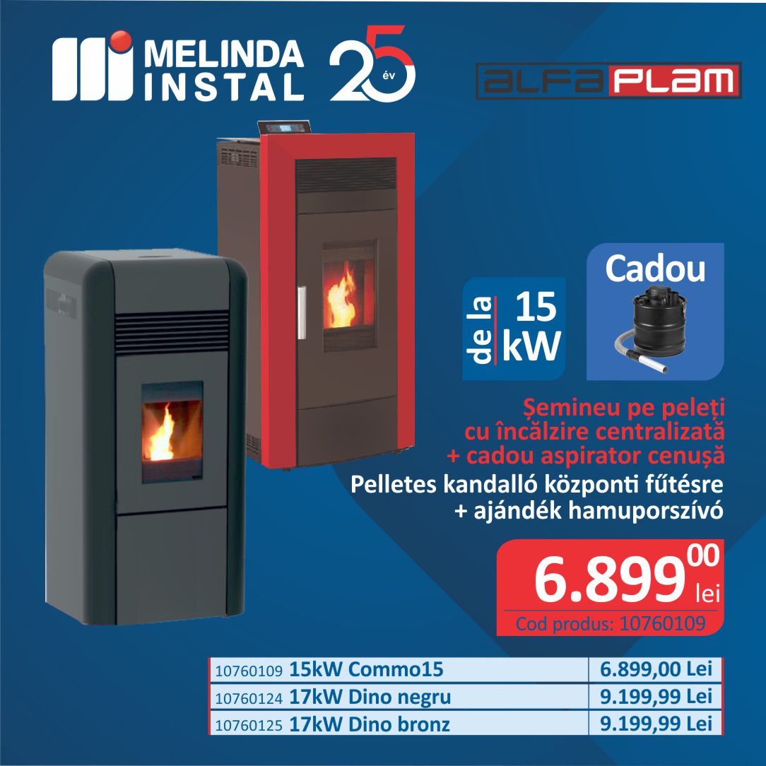 TERMOSEMINEU PE PELETI, TIP CENTRALA, DIN OTEL, ALFA PLAM, COMMO, 15 KW, ROSU, AUTONOMIE 21 ORE
