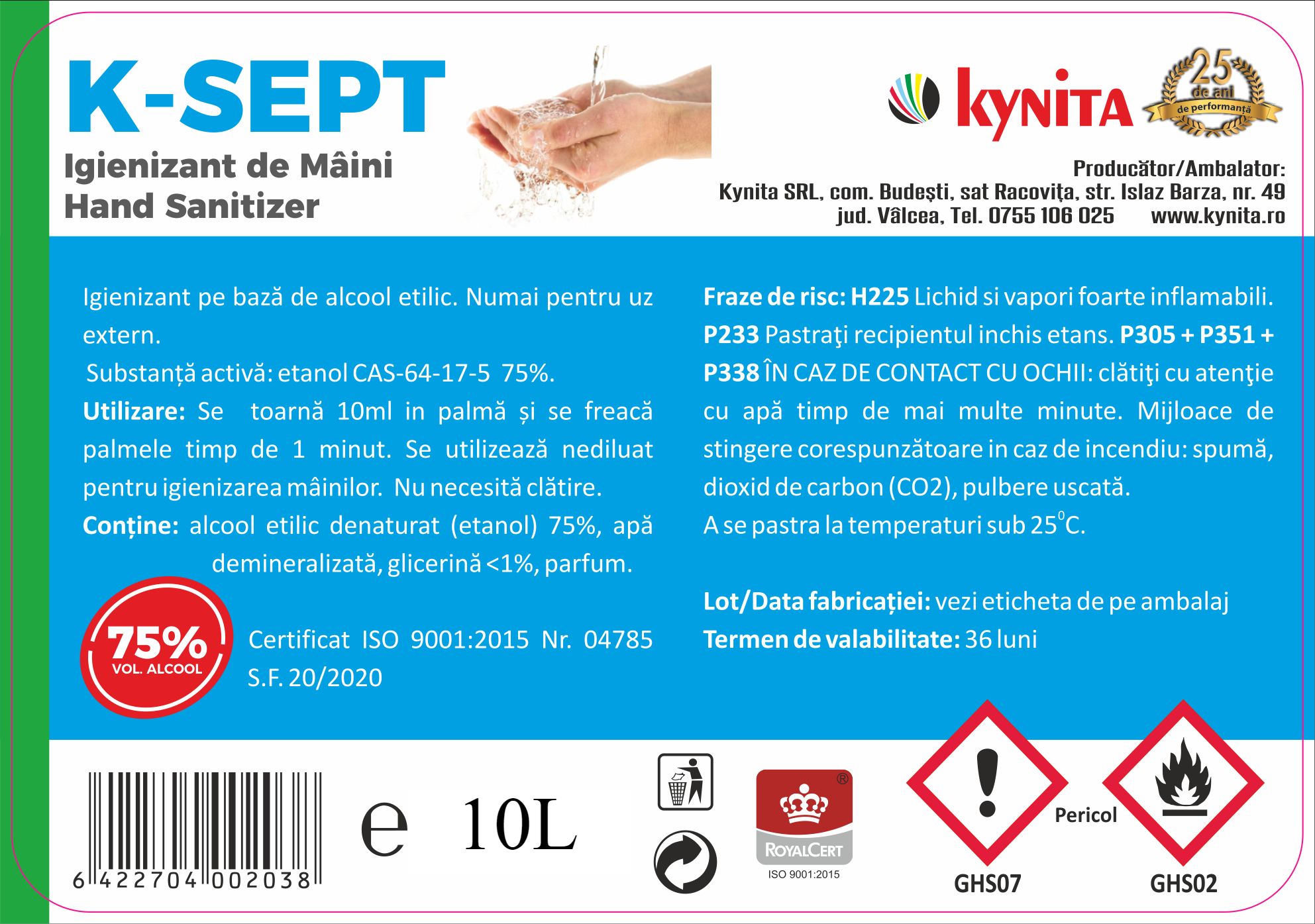 Dezinfectant/Igienizant pentru maini 75% pe baza de etanol si glicerina - AVIZ