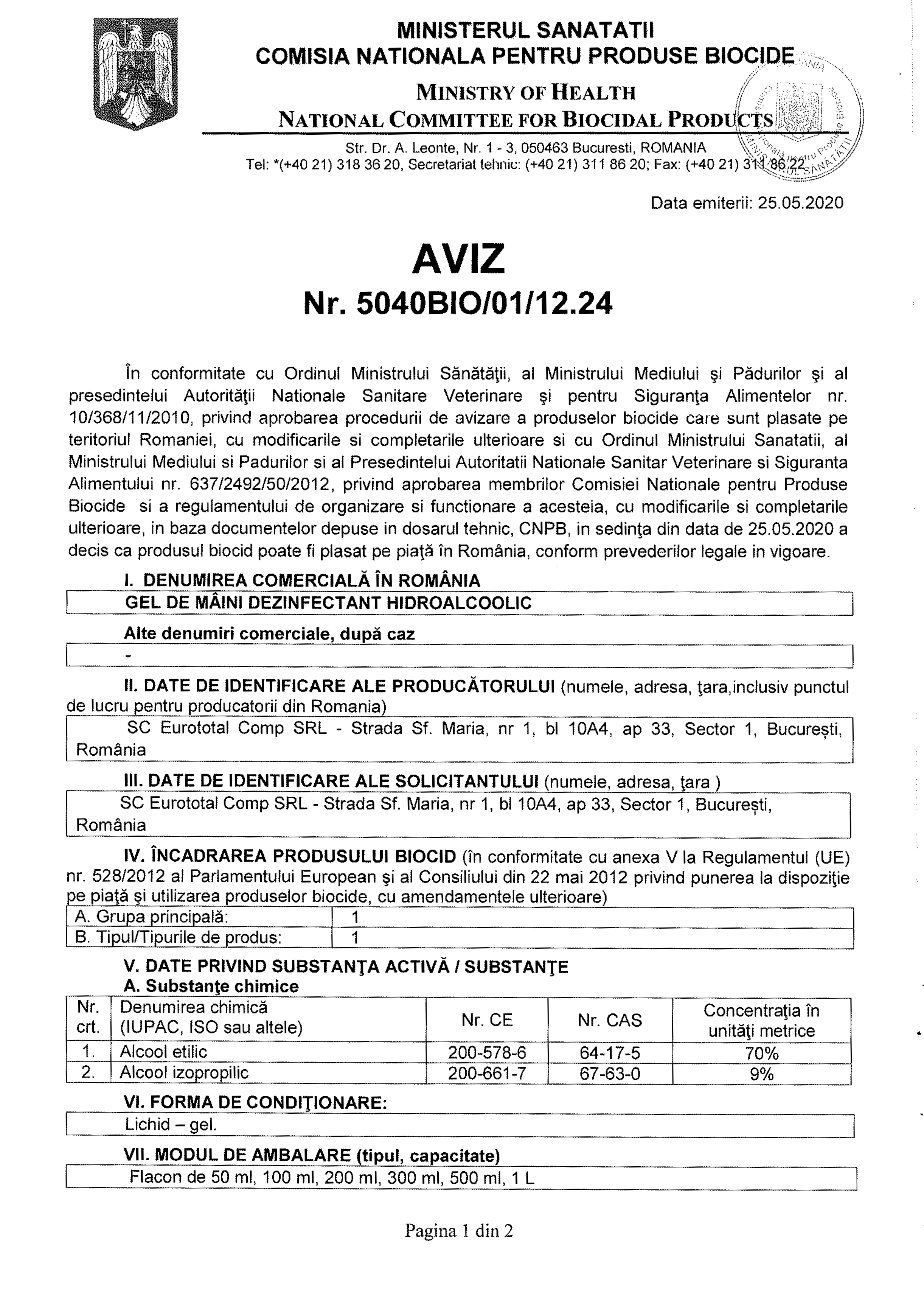 AVIZ GEL DE MAINI DEZINFECTANT HIDROALCOOLIC