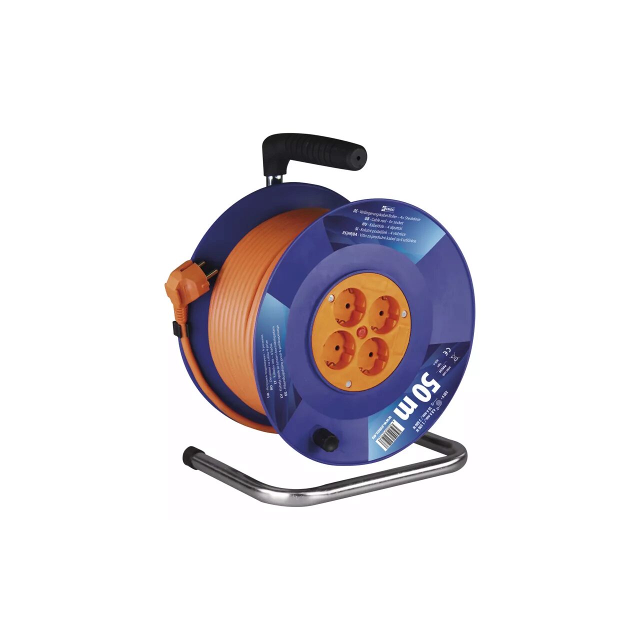 Prelungitor derulator portocaliu cu 4 prize, 50ml, tip Schuko (CP), Emos P09250