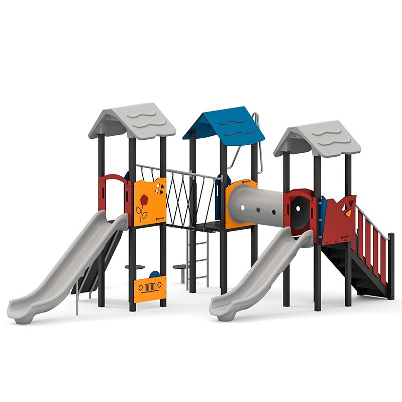 Structura modulara - Turnuri cu 2 tobogane, pasaj, punte, cataratori, bara si panou PZG-W-A008P