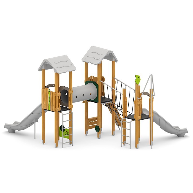 Structura modulara - Turnuri cu 2 tobogane, pasaj tunel, punte, cataratori, bara, panou PZG-W-B008