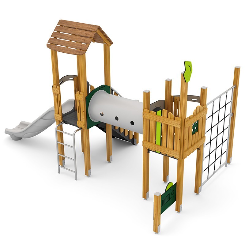 Structura modulara - Turnuri cu tobogan, pasaj tunel, cataratoare si panou educational PZG-W-B005