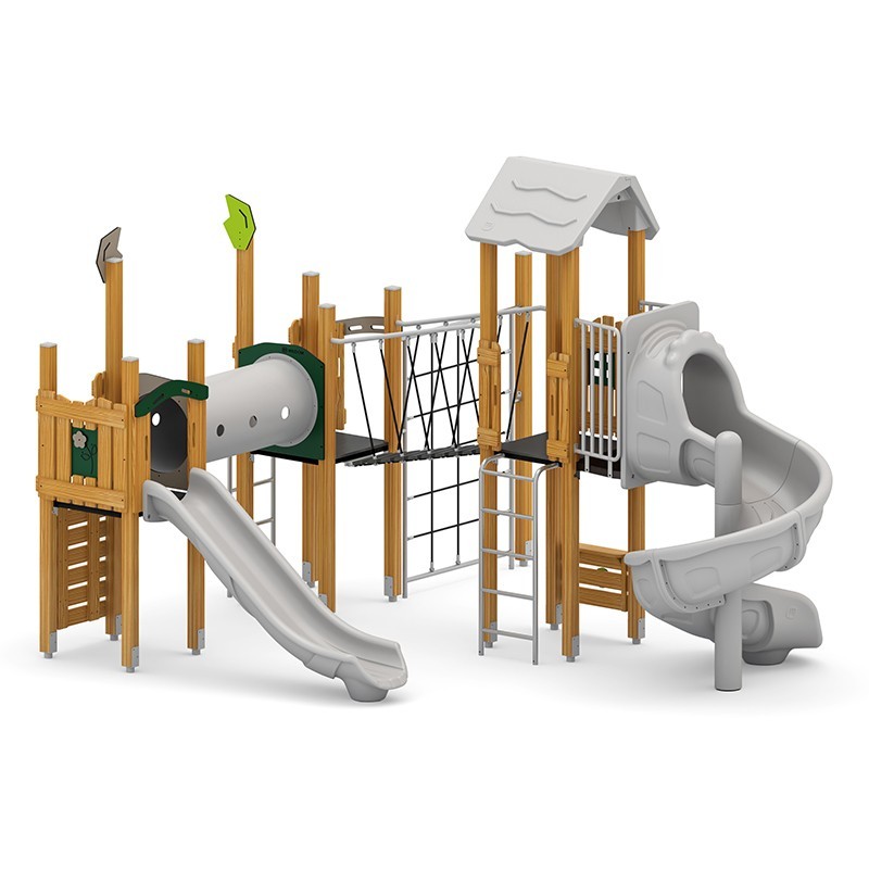 Structura modulara - Turnuri cu 2 tobogane, punte, pasaj tunel si cataratori PZG-W-B014