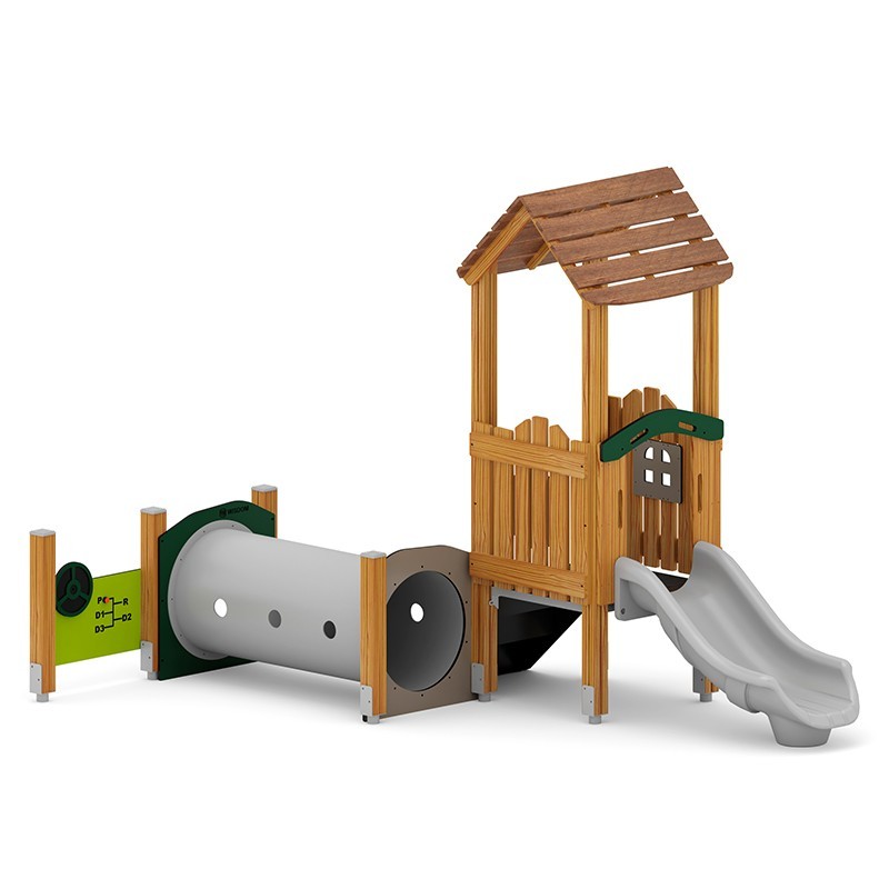 Structura modulara prescolari - Turn cu tobogan, pasaj tunel si panou educational PZG-W-B017