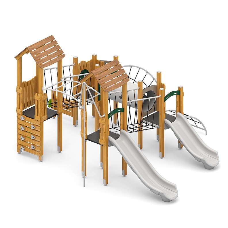 Structura modulara - Turnuri cu 2 tobogane, pasaj tunel, punti, scara, cataratori, bara PZG-W-B009