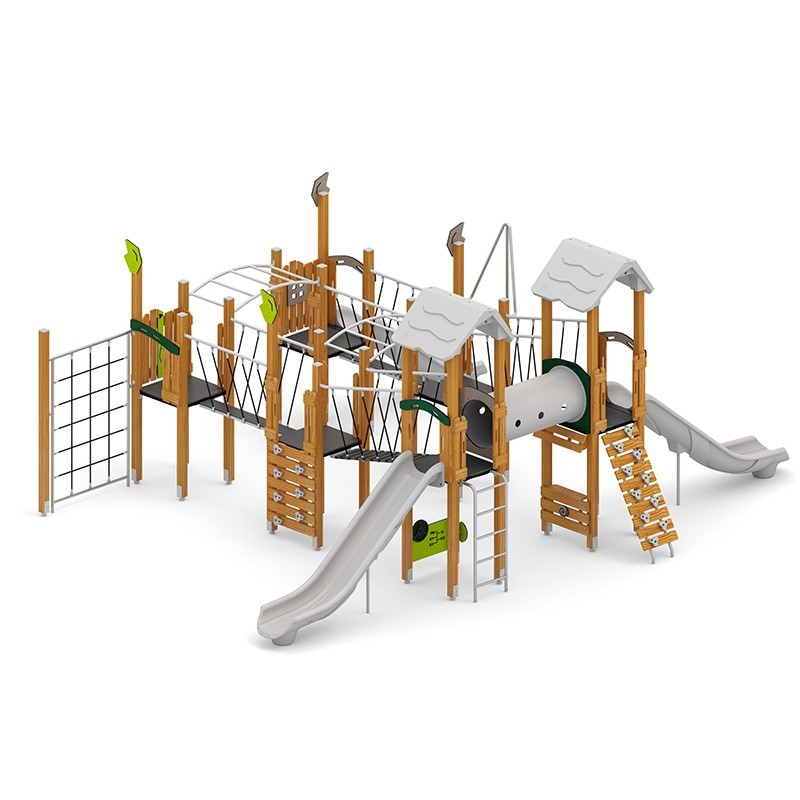 Structura modulara - Turnuri cu 2 tobogane, pasaj tunel, punti, scari maimute, cataratori PZG-W-B012