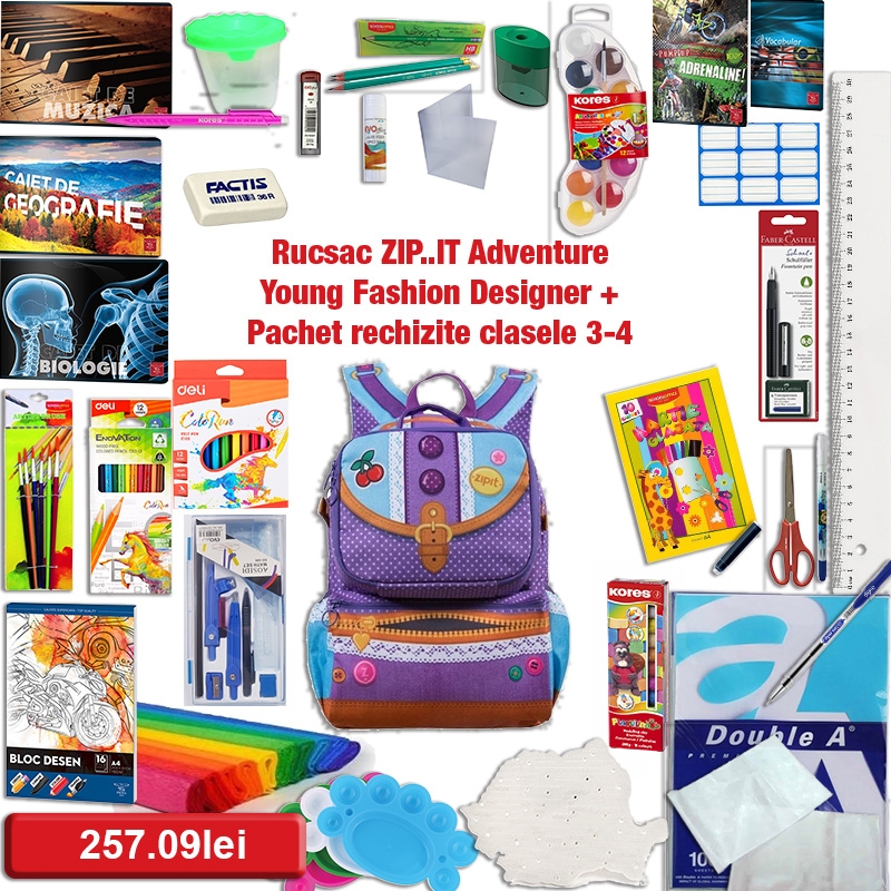 Rucsac ZIP..IT Adventure Young Fashion Designer + Pachet rechizite clasele 3 - 4