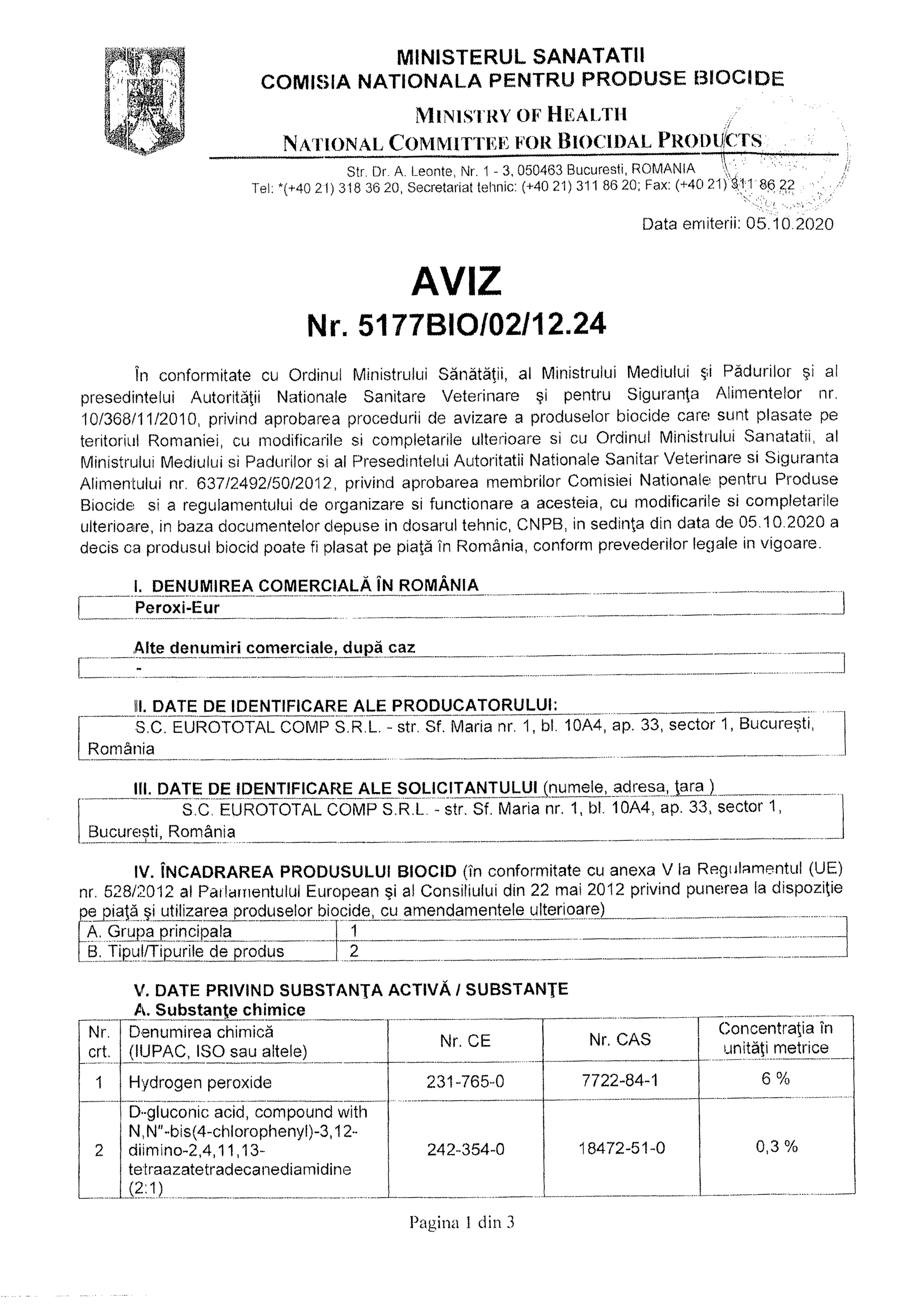 AVIZ PEROXI-EUR + EXTINDERE BACT-FUNG-VIRUCID